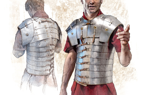Die Illustration zeigt einen Römischen Soldaten in einer lorica segmentata, einem Glieder-, Schienen- oder Spangenpanzer