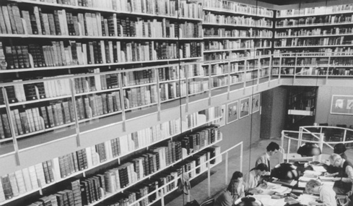 black and white photo of the Bible room