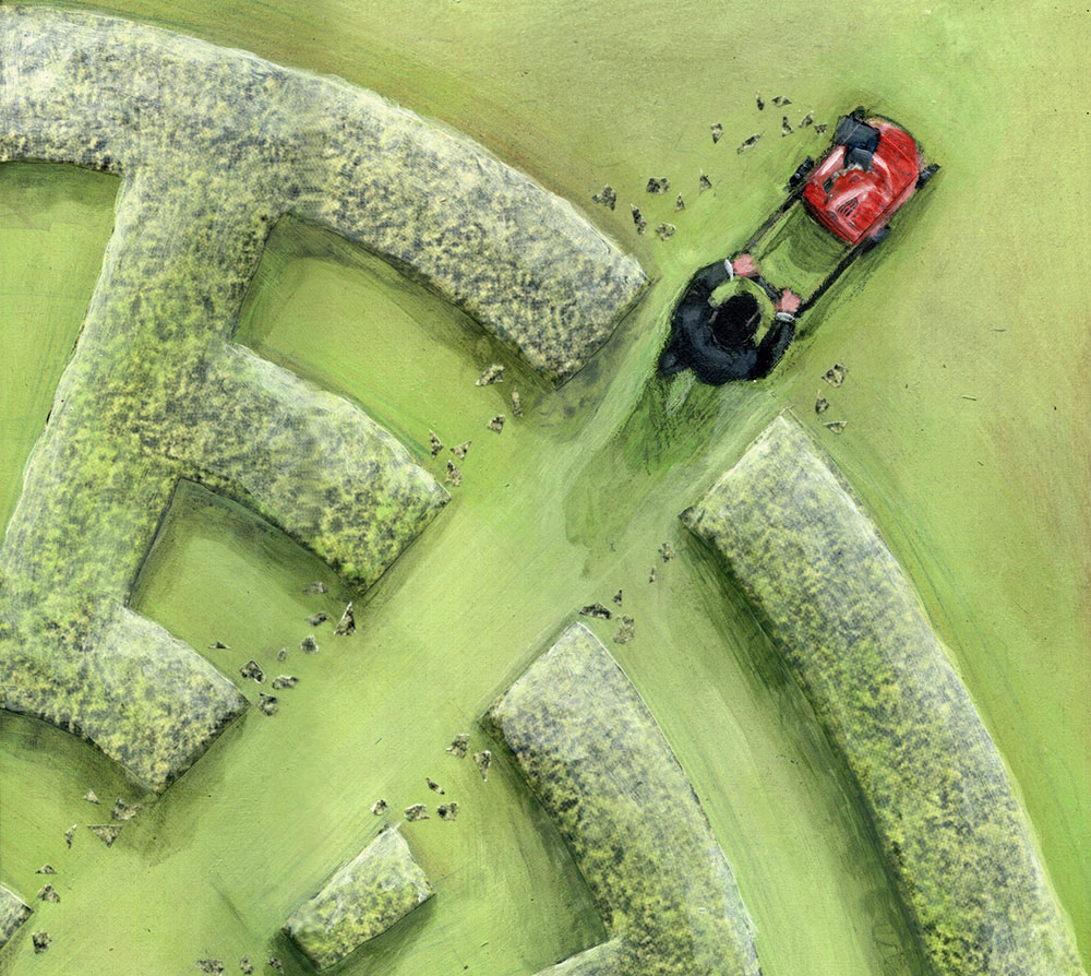 Ein Mann mäht mit einem Rasenmäher quer durch ein Labyrinth aus Büschen (Illustration)