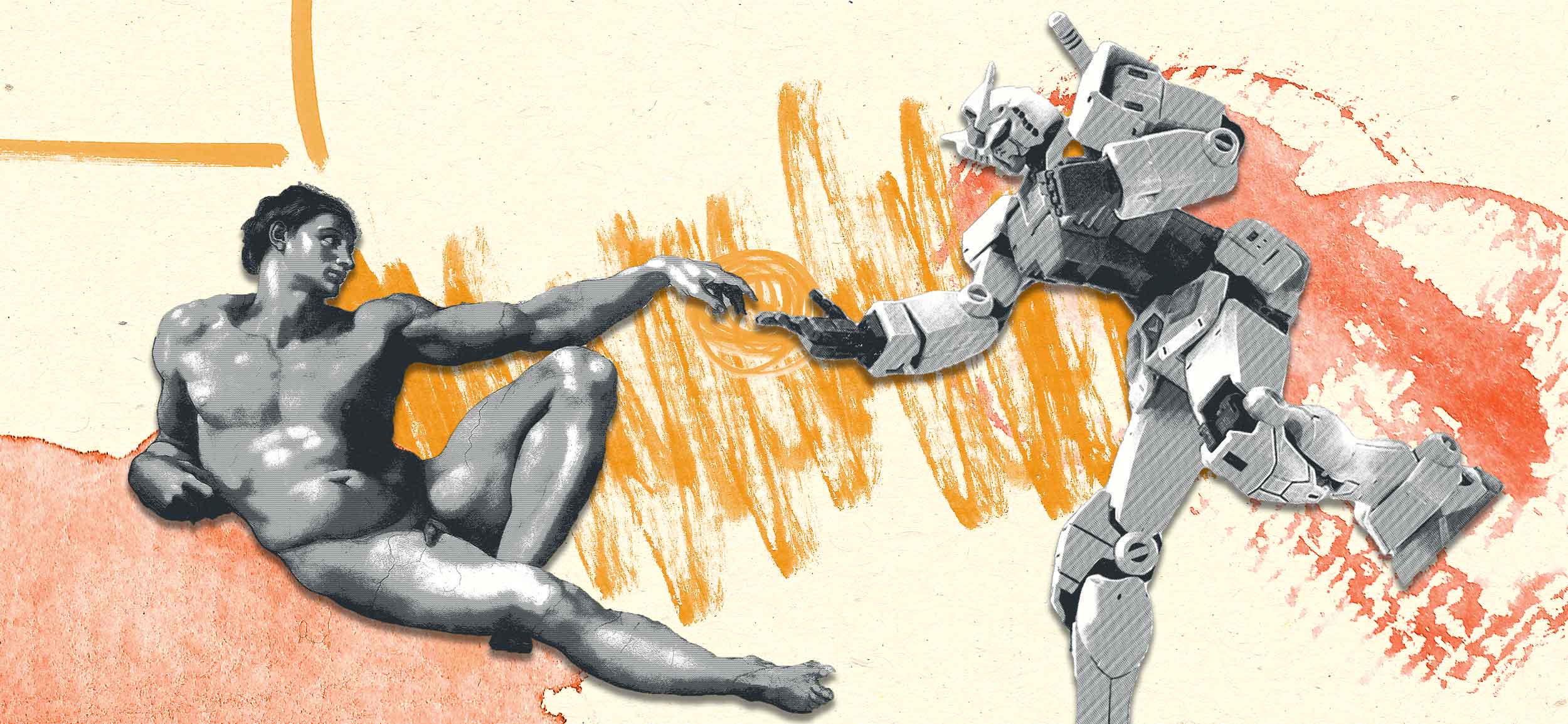 liegender Mann und Roboter berühren sich im Michelangelo-Stil mit den Fingern
