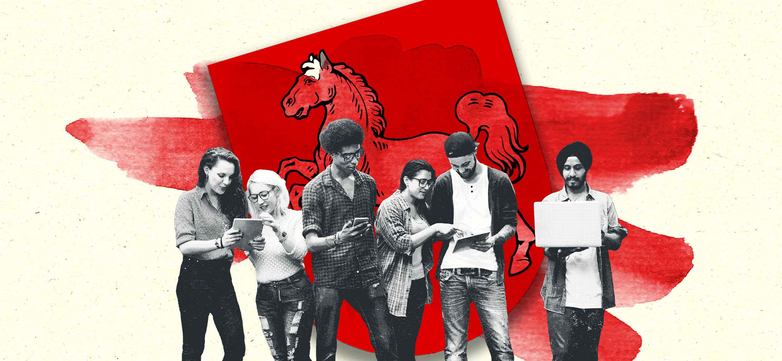 Illustration: junge Menschen mit Smartphones oder Tablets, dahinter Niedersachsen-Logo