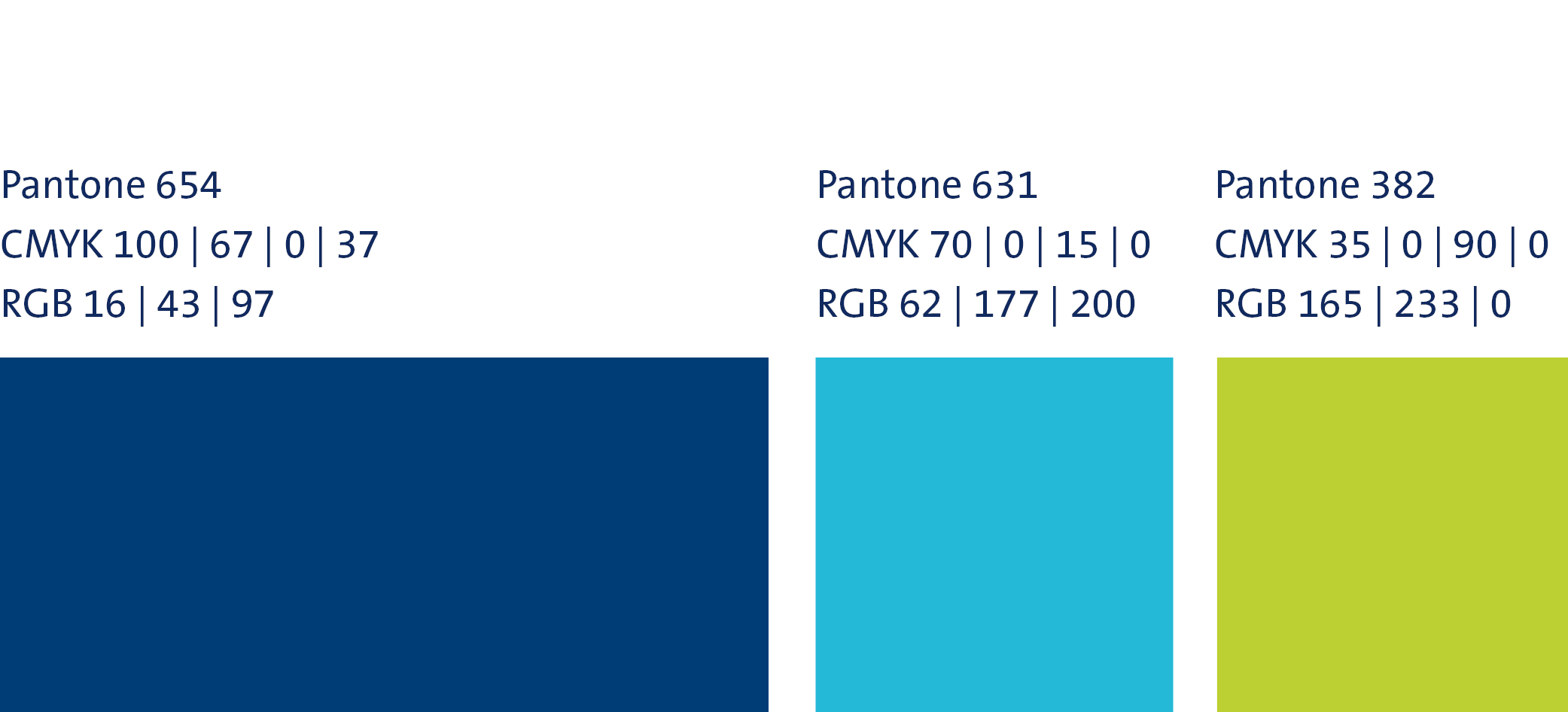 drei Pantone-Farben: 654, 631 und 382
