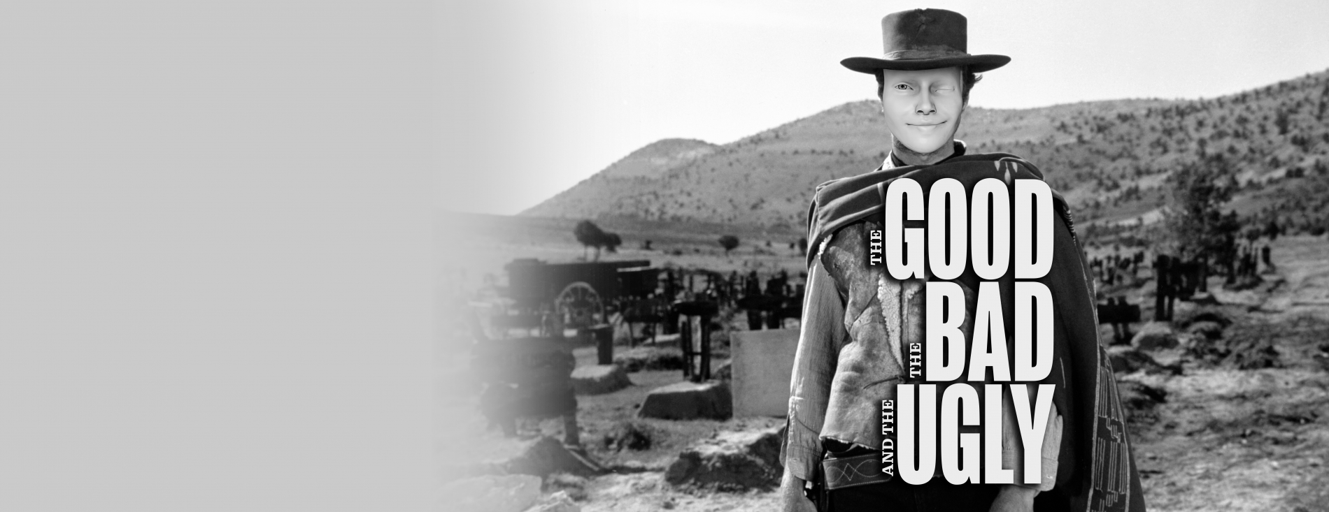 Filmplakat von "The Goog, the bad, and the ugly" wo ein Mann in einer kargen Landschaft steht, montiert mit einem roboterhaften Gesicht.