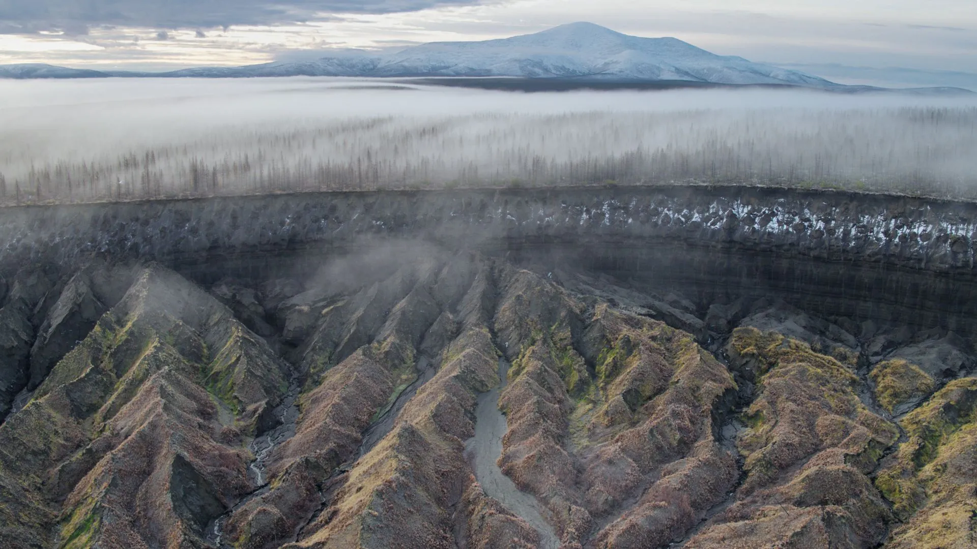Weite mit einem Berg im Hintergrund und abgesunkenen Boden im Vordergrund