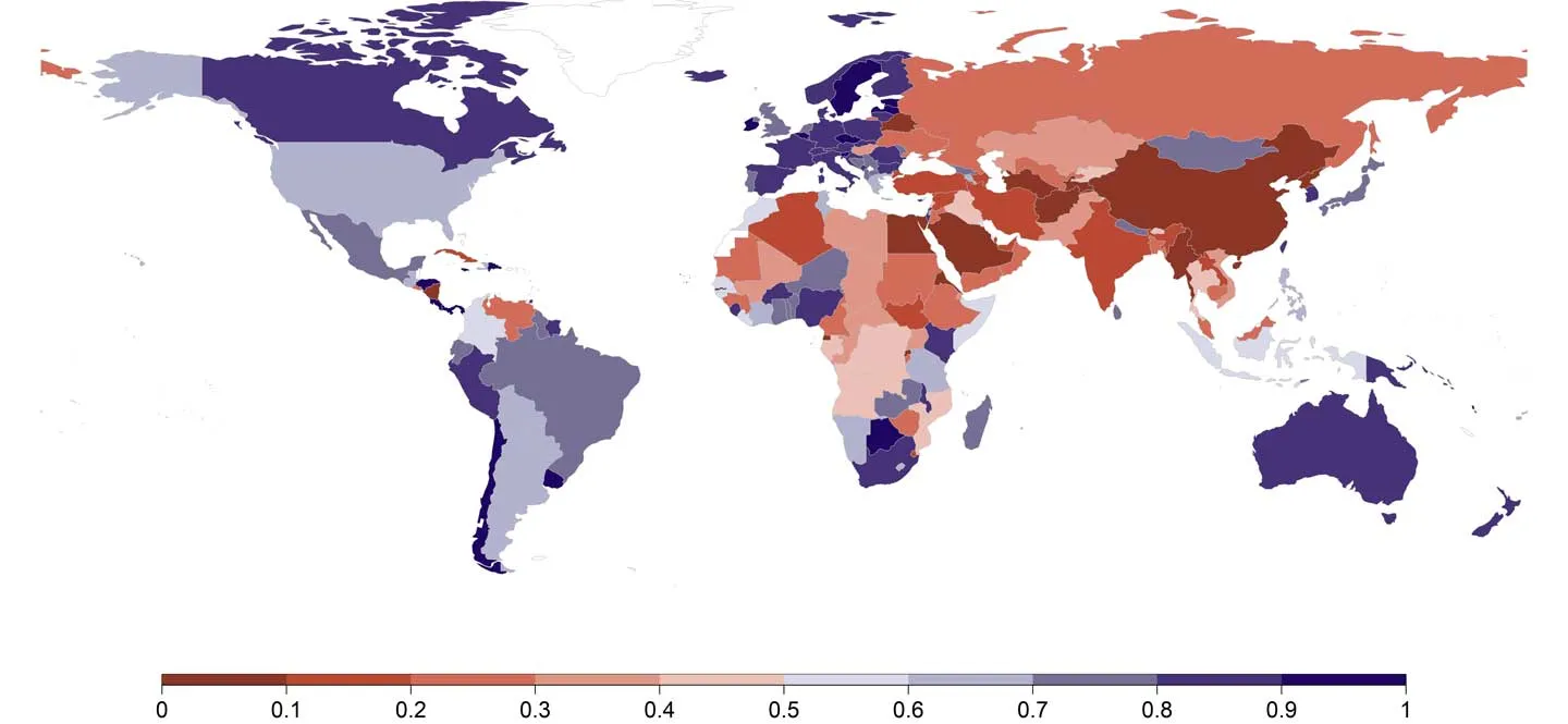 Eine eingefärbte Weltkarte. Rote Bereiche zeigen Regionen mit eingeschränkter Wissenschaftsfreiheit an, dies sind vor allem Asien, Eurasien und Teile Afrikas. Blaue Bereiche Regionen mit großer Akademischer Freiheit, dies sind Europa, südliche Teile Afrikas und die beiden Amerikas.