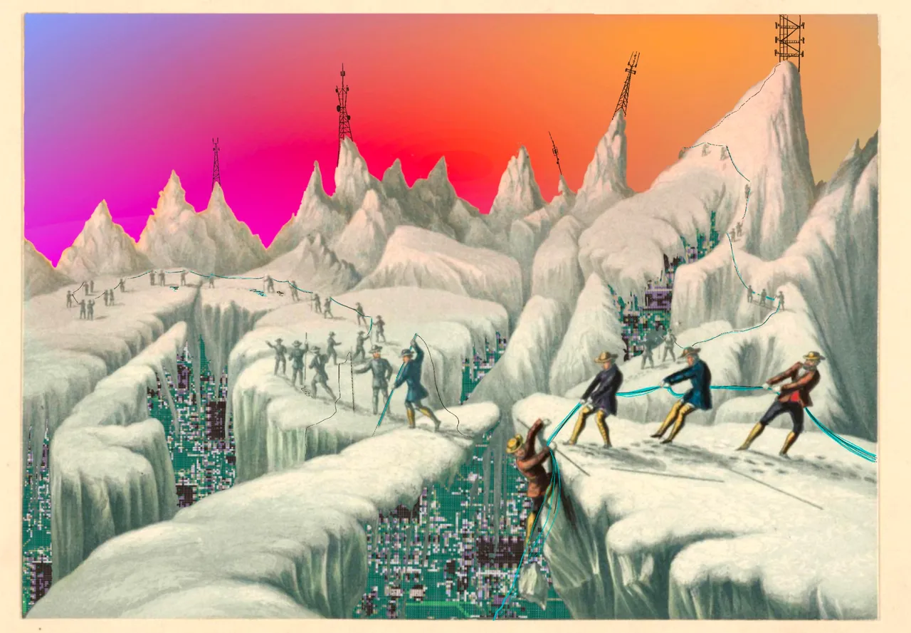 Schneebedeckte Landschaft mit Personen, die aus den Tälern per Seil Materialien hervorholen wollen.