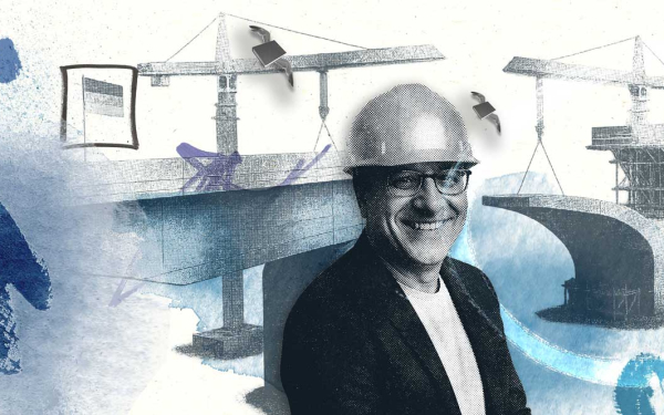 Illustration mit Mann mit Schutzhelm vor einer Brückenbaustelle