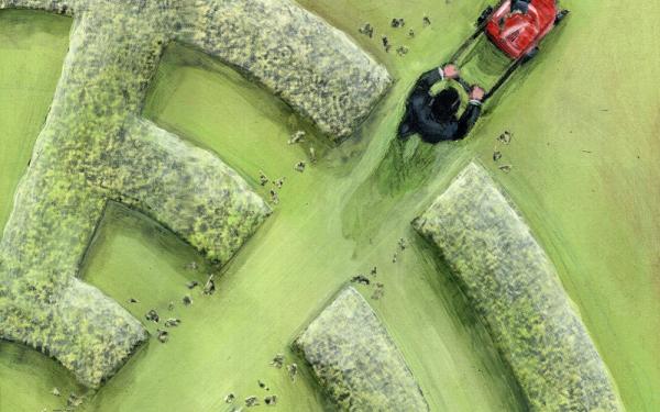 Mann erstellt mit Rasenmäher ein Gartenlabyrinth