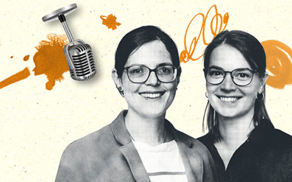 Illustration mit zwei Frauen und einem Mikrofon