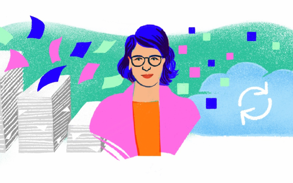 Eine gezeichnete Frau Zwischen Papierstapeln, die in eine Cloud fliegen
