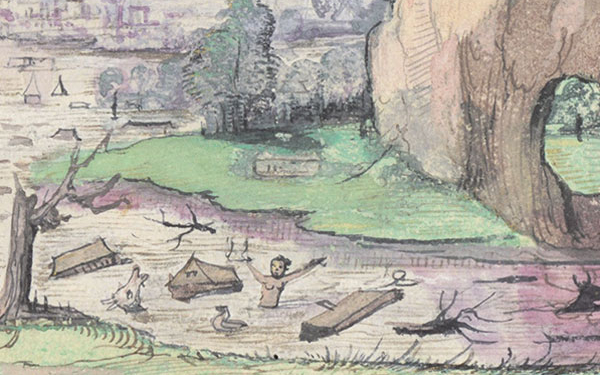 historische Zeichnung eines überfluteten Flusses