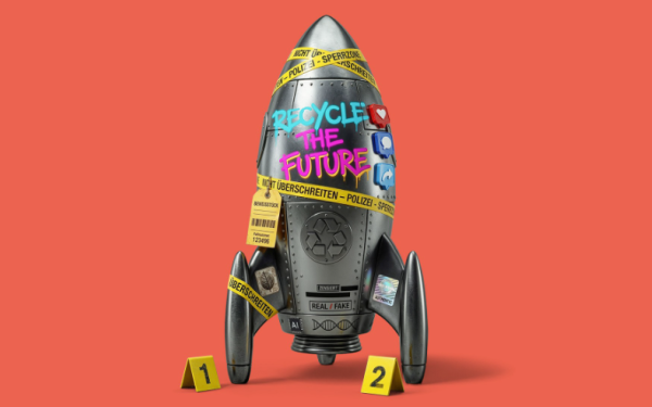 Cover Veranstaltungsflyer mit einer bunt beschrifteten Rakete