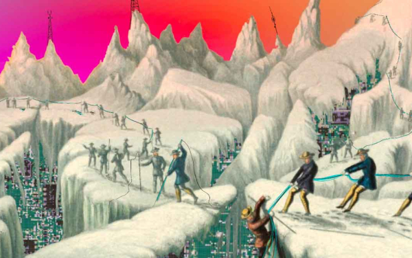 Illustration: Schneebedeckte Landschaft mit Personen, die aus den Tälern per Seil Materialien hervorholen wollen.