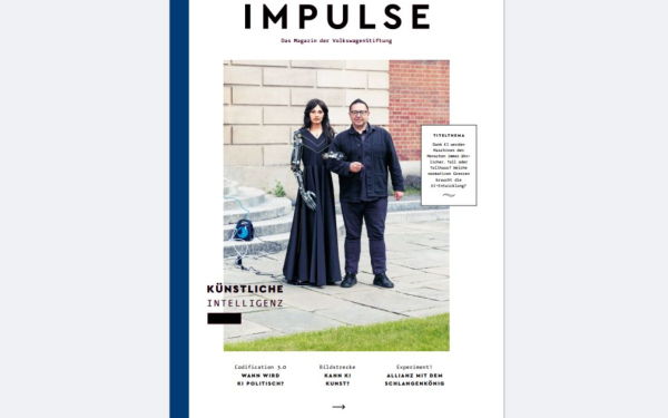 Cover eines Magazins mit Titel Impulse, darauf ein Mann und eine humanoide Roboterfrau