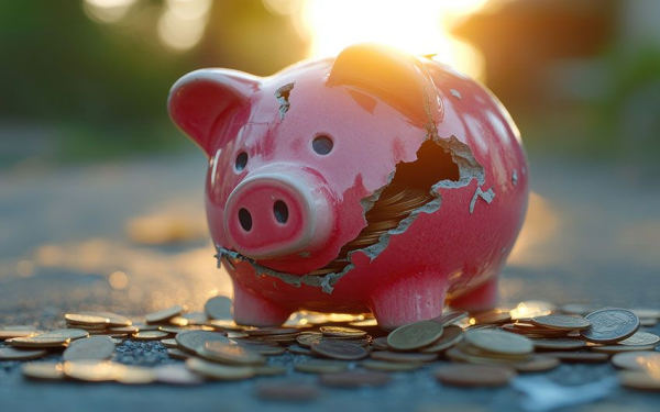 Zu sehen ist ein Sparschwein, welches angebrochen ist und Münzen verliert. 