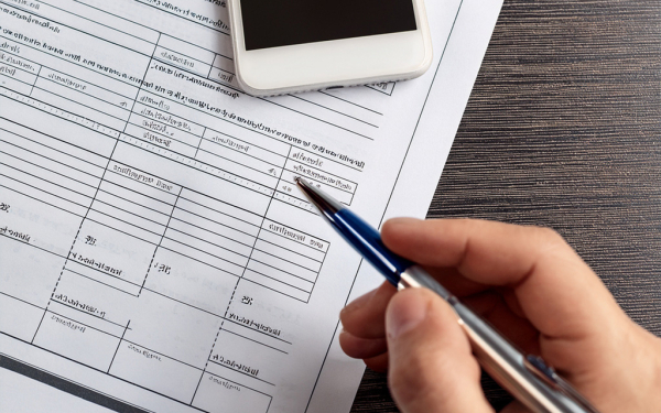Das Bild zeigt eine Hand mit Stift, die ein Formular ausfüllt. Auf dem Formular liegt seitlich auch ein Mobiltelefon.