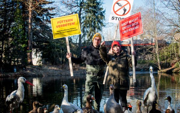 Demonstranten mit Schildern "Füttern verboten" und "Brot macht Enten dick und krank" hinter verschiedenen (u. a. Enten-) Vögeln