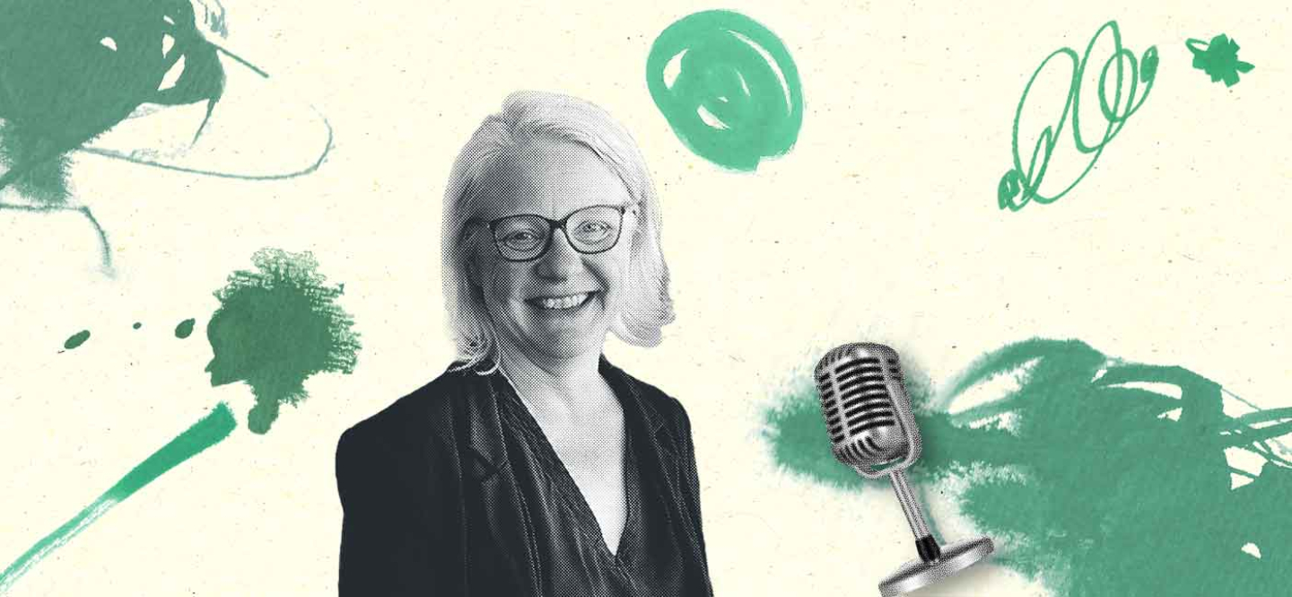 Illustration mit einer Frau und einem Mikrofon