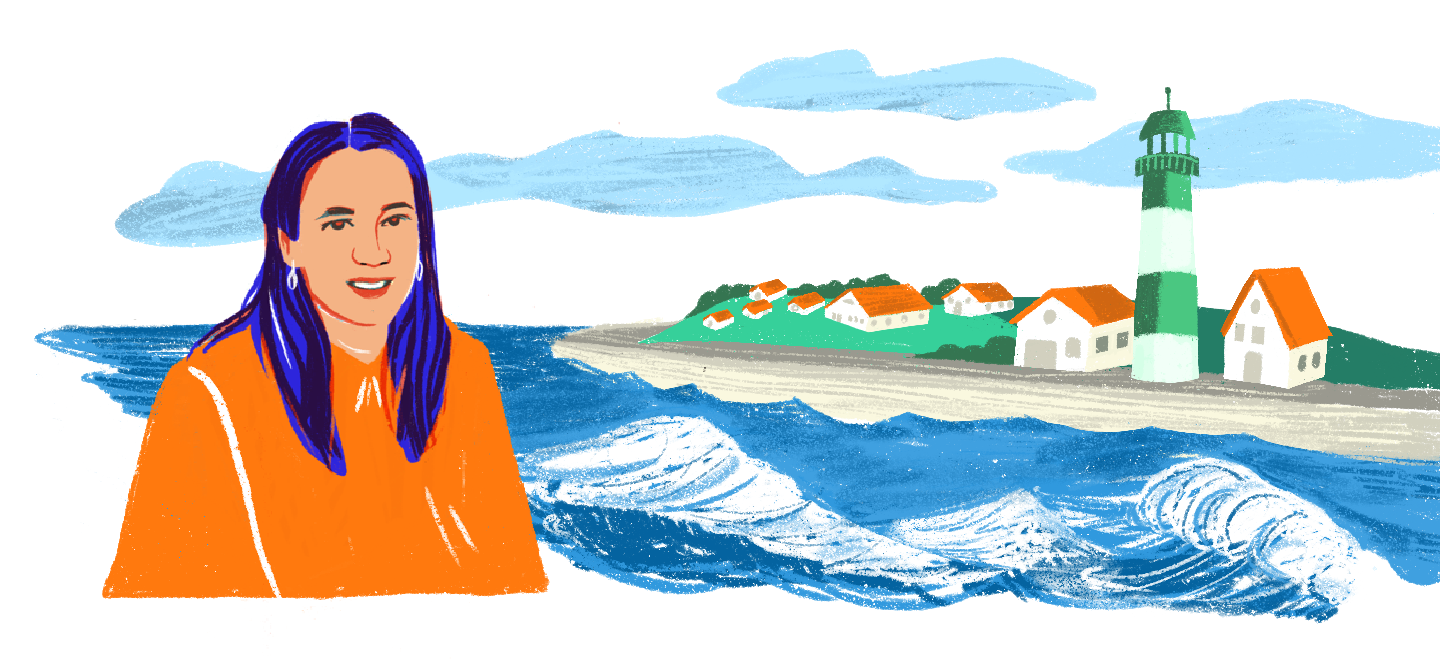 Illustration mit einer Frau vor einer Insel mit Leuchtturm