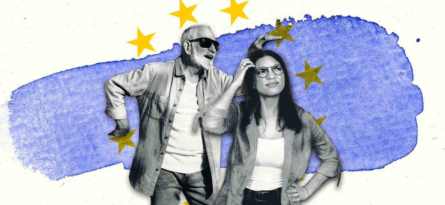 Illustration mit älterem Mann mit Brille, scheinbar tanzend, davor junge Frau, die sich fragend am Kopf kratzt, im Hintergrund "Europa"-Sterne