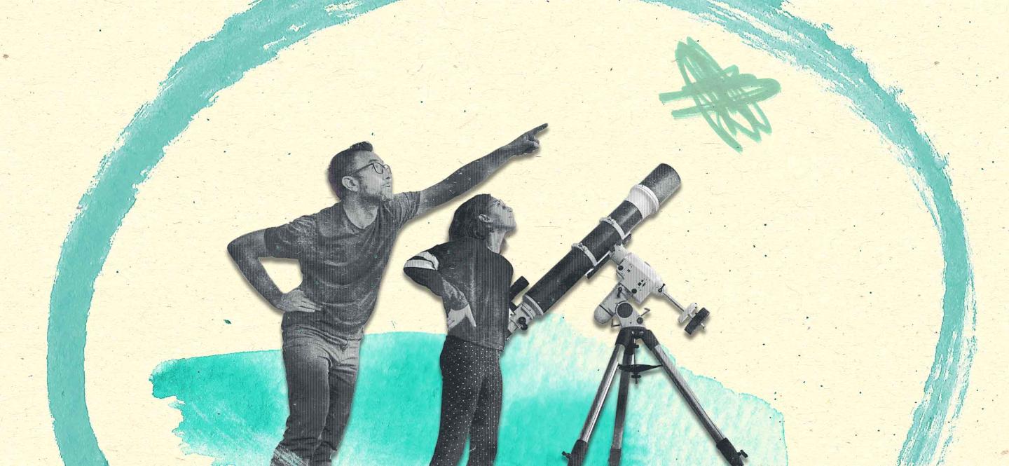 Illustration mit zwei Menschen und einem Teleskop