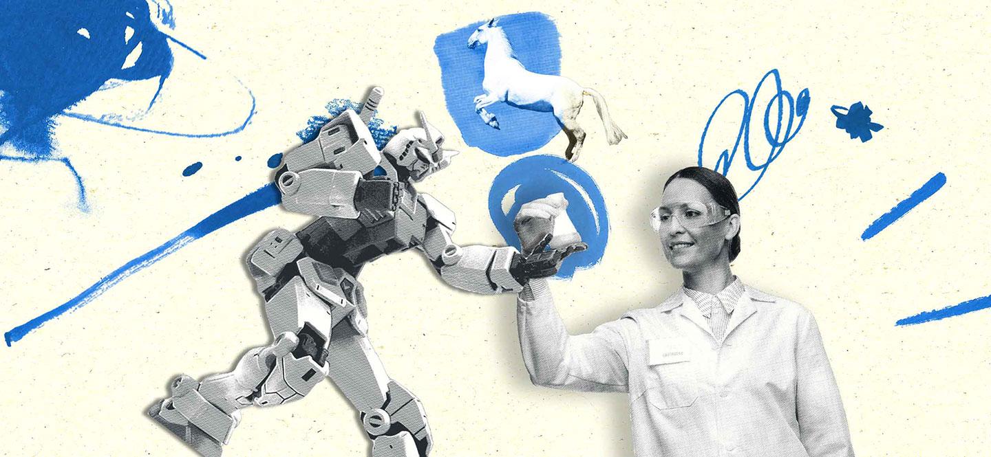 Illustration mit Wissenschaftlerin, der ein Roboter einen Erlenmeyerkolben reicht, im Hintergrund ein springendes Pferd