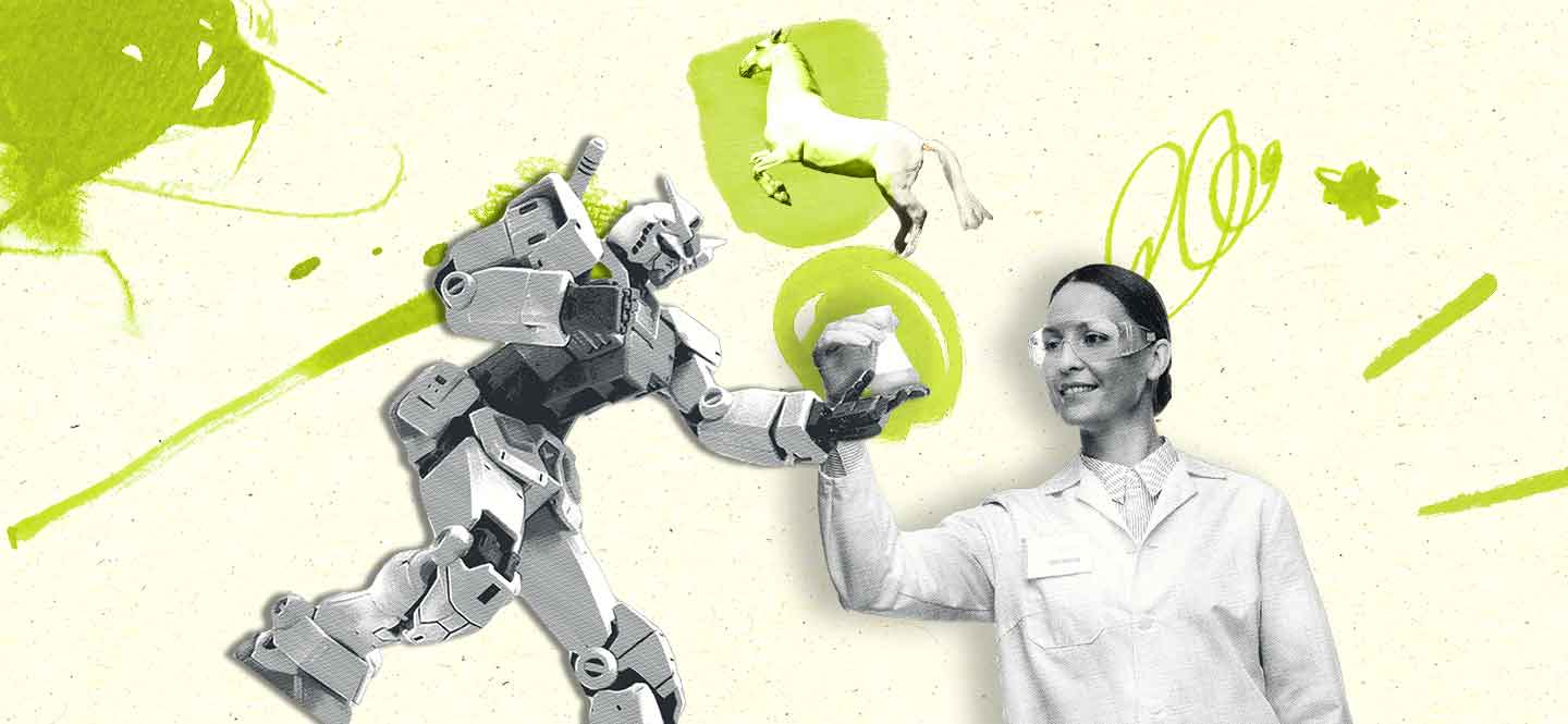 Illustration mit Wissenschaftlerin, der ein Roboter einen Erlenmeyerkolben reicht, im Hintergrund ein springendes Pferd