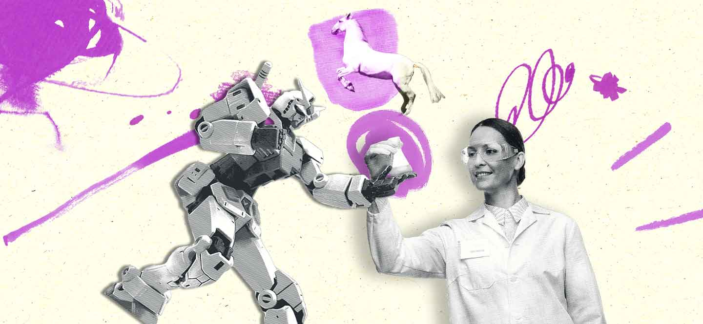 Illustration mit einer Wissenschaftlerin, die einem Roboter ein Reagenzglas reicht, dahinter ein springendes Pferd, das dem Niedersachsen-Logo ähnelt