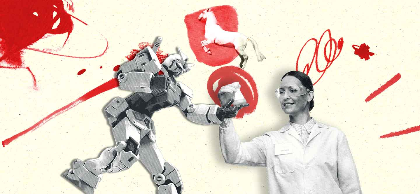 Roboter gibt Frau in Kittel Reagenzglas