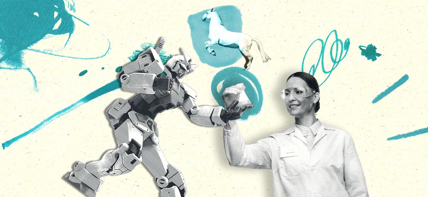 Illustration mit Wissenschaftlerin, der ein Roboter einen Erlenmeyerkolben reicht, im Hintergrund ein springendes Pferd