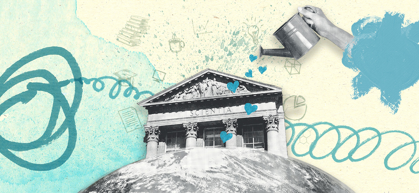 Ein klassizistisches Gebäude mit Aufschrift "Scientia" wächst aus einer Weltkugel, "gegossen" mit Herzen, die aus einer Gießkanne tropfen