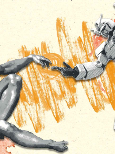 liegender Mann und Roboter berühren sich im Michelangelo-Stil mit den Fingern