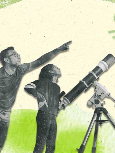 Illustration mit zwei Personen und einem Fernrohr, das auf einen Punkt am Himmel gerichtet ist