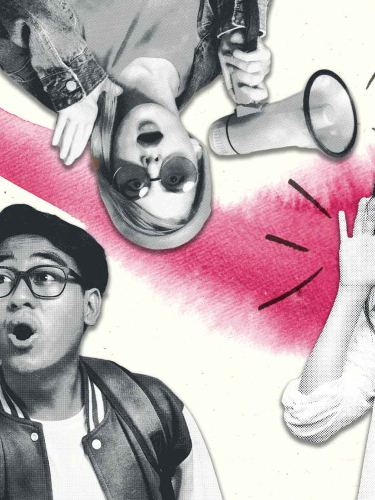 Illustration mit drei Personen, zwei davon mit Megafon, eine Person hält sich die Hand ans Ohr, wie um besser zu hören