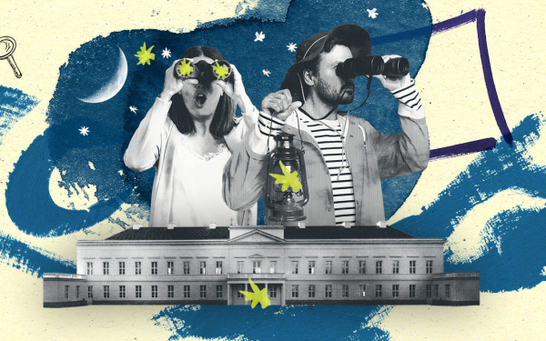 Illustration mit zwei Personen mit Ferngläsern, im Vordergrund ein klassizistisches Gebäude