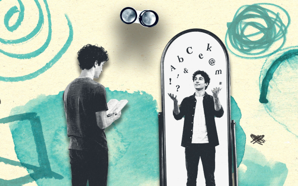 An illustration showing a mirror, with a man in front of it reading a book; in the mirror, a man juggling letters