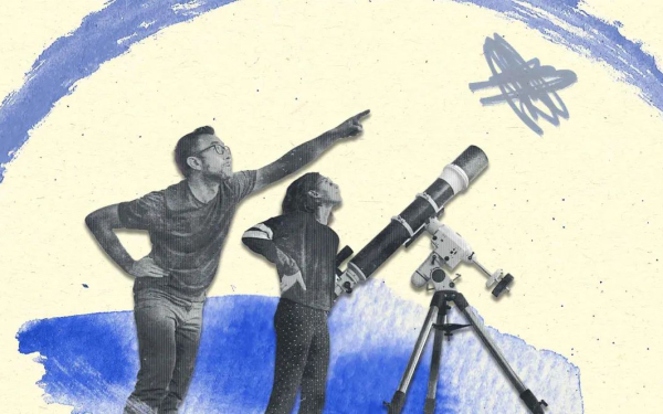 Illustration with two people next to a telescope pointing at the sky