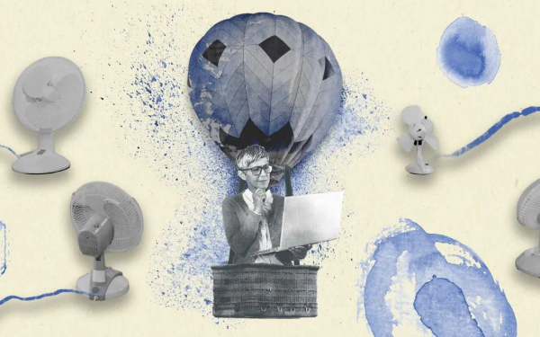 Illustration of a woman with a laptop in a hot air balloon powered by fans
