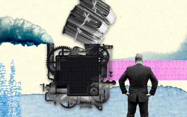 Illustration of a person standing in front of an ancient steam engine powered by files and producing binary code