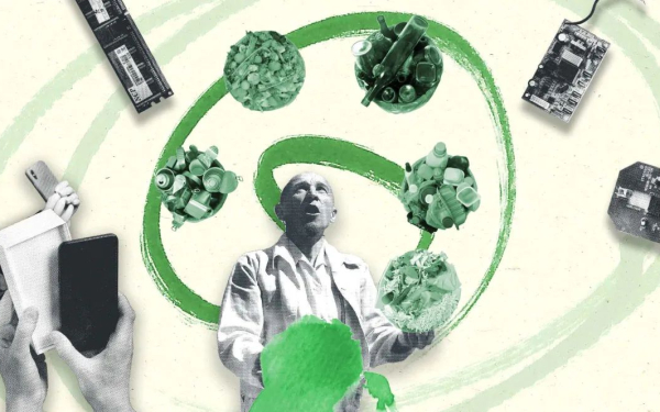 Illustration with a person in a swirl of objects and materials that can be recycled