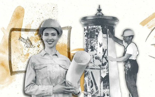 Illustration with a woman in a hard hat and a building plan in front of an advertising pillar