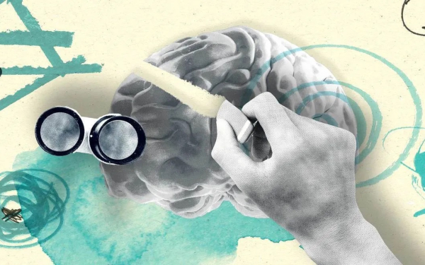 Illustration with a hand erasing a drawing of a human brain