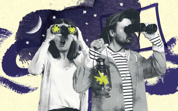 Illustration mit zwei Personen unter Sternenhimmel, die staunend durch ihre Ferngläser schauen