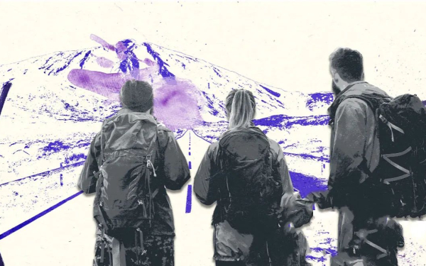 Illustration of three people with rucksacks looking down a road towards a mountain