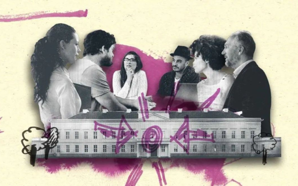 Illustration with several people in a discussion group, Herrenhausen Palace in the foreground