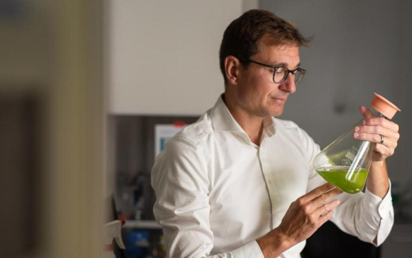 Mann mit Erlenmeyerkolben, darin grüner Inhalt