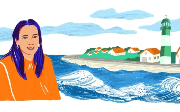 Illustration mit einer Frau vor einer Insel mit Leuchtturm