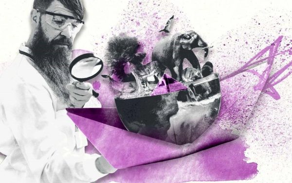 Illustration: Mann mit Laborbrille und Lupe blickt auf ein Modell der Erde