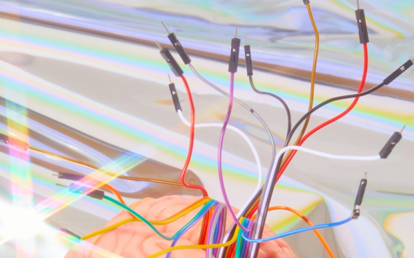 Kunstinstallation: Aus einem Plastikgehirn ragen elektrische Klemmen