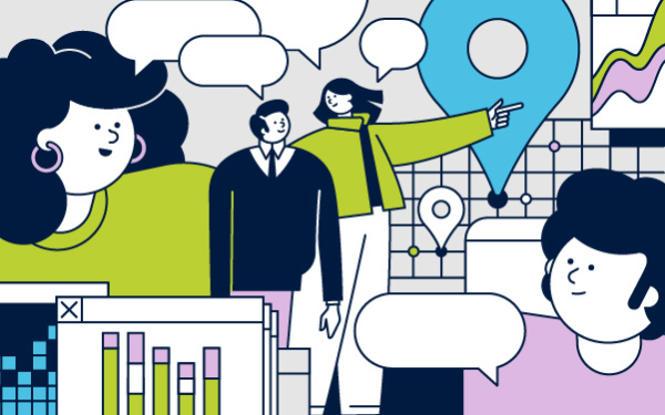 Grafik Webtalk Wissenschaftskommunikation mit Menschen, wissenschaftlichen Darstellungen und Sprechblasen